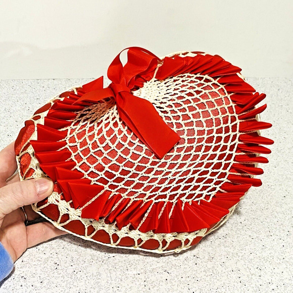 Vintage Heart Shaped Toss Pillow Red Satin Ribbons & White Crochet Caged Romance - Picture 1 of 8